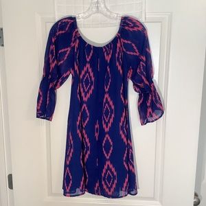 Rachel Kate Fashion Collection Sheer Pullover Lined Dress Blue/ Fuchsia Size S